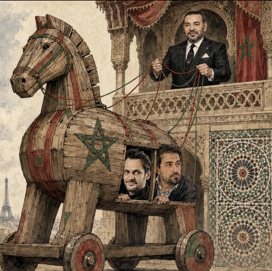 Caricature montrant un cheval de Troie aux couleurs du Maroc, conduit par Mohammed VI, avec Rachid Achachi et Youssef Hindi dissimulés à l’intérieur