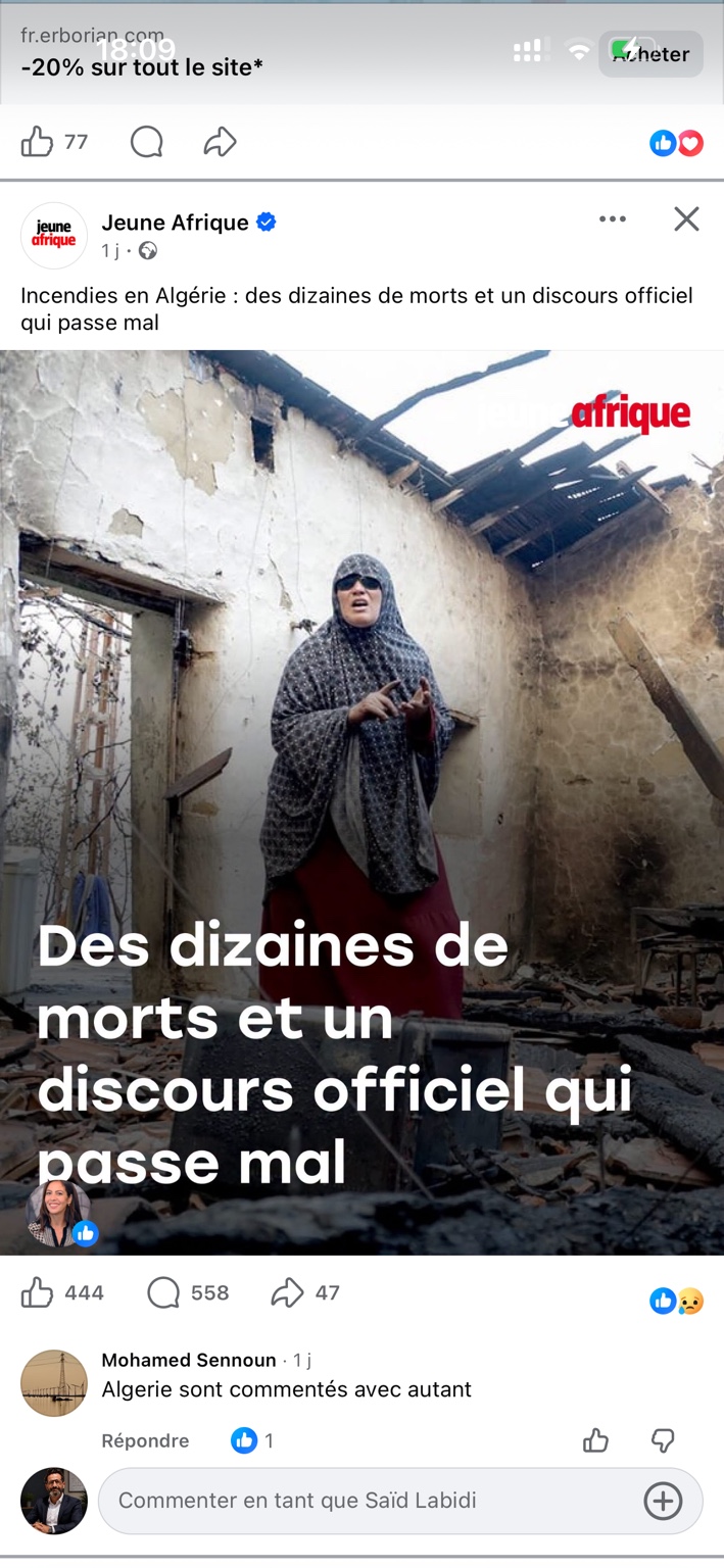 Une de Jeune Afrique consacrée aux incendies en Algérie