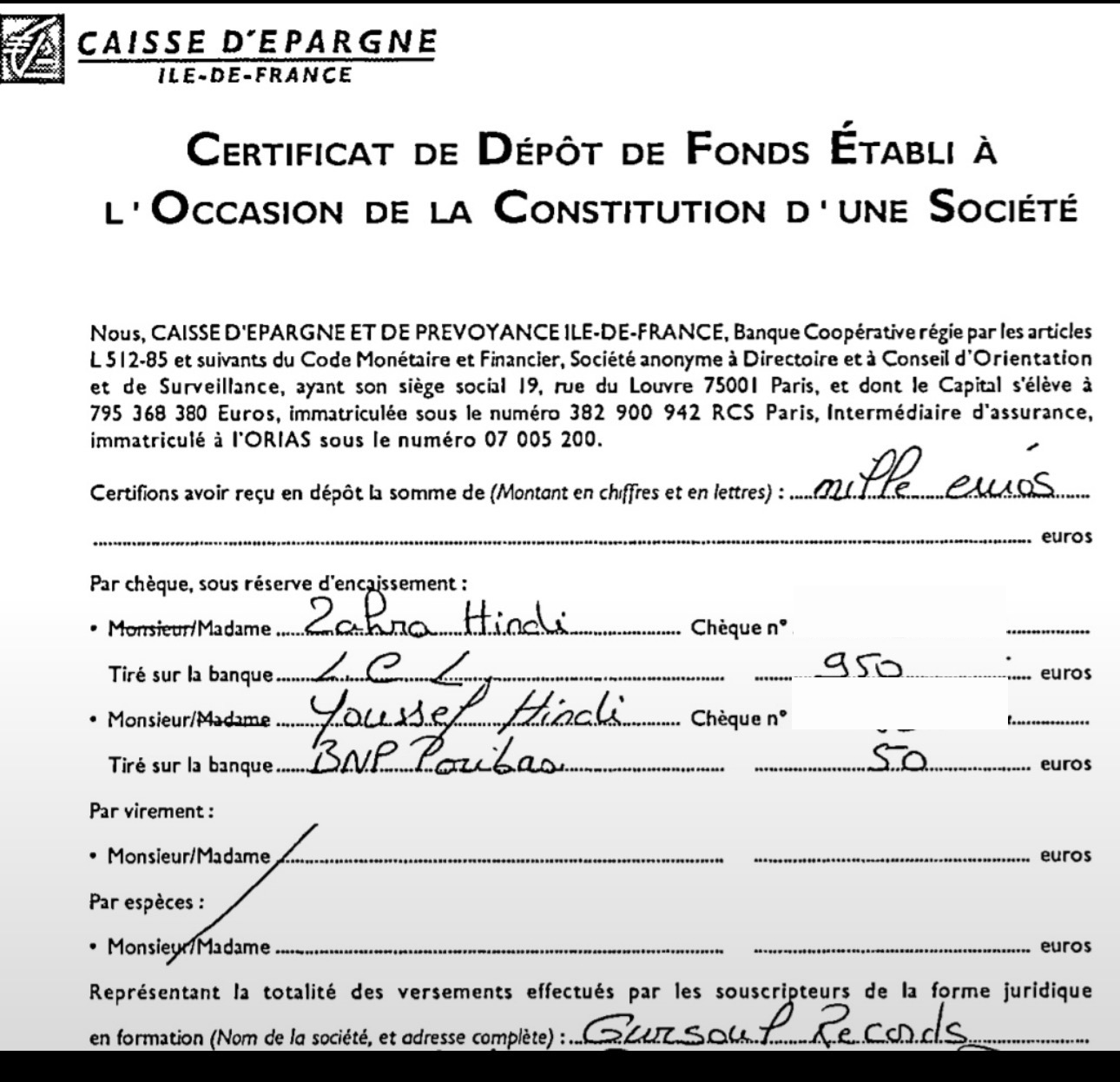 Certificat de dépôt de fonds d’OURSOUL RECORDS mentionnant les apports de Zahra Hindi et Youssef Hindi, numéros de chèques masqués