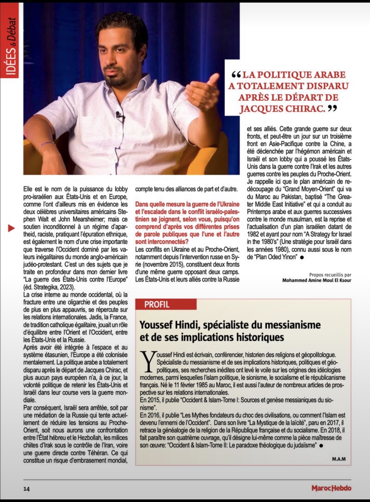 Dernière page de l’entretien de Youssef Hindi dans Maroc Hebdo en octobre 2023